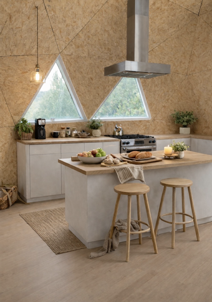 Cocina interior de domo geodésico de madera con ventanas triangulares