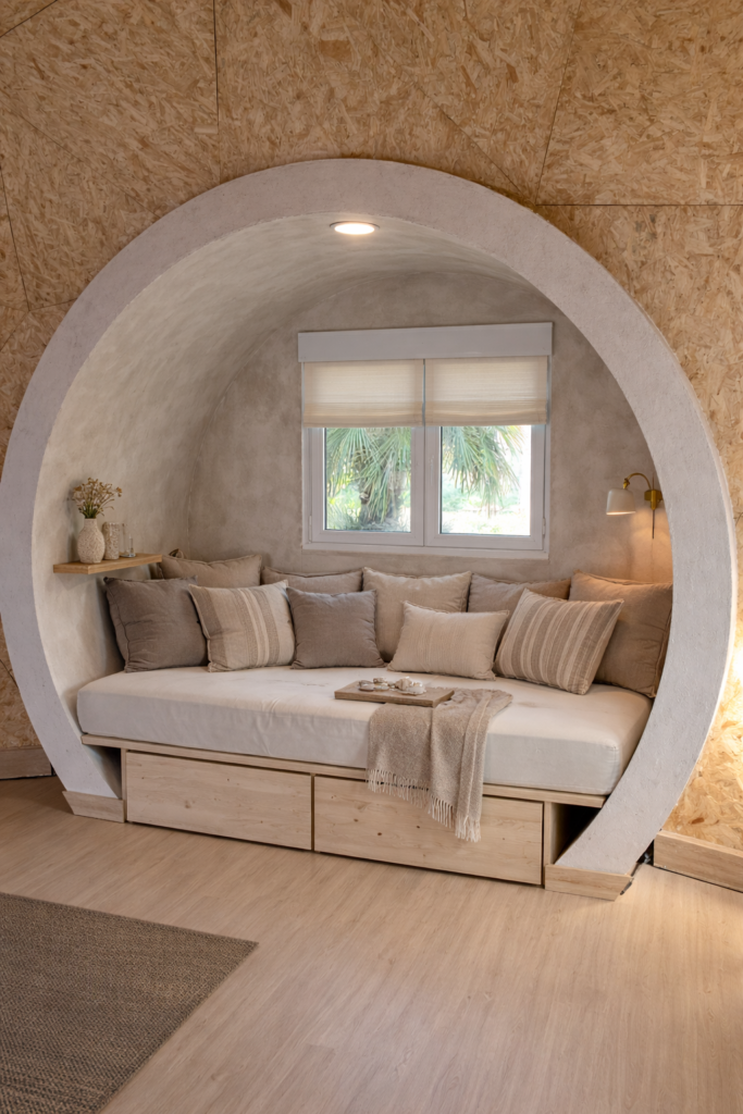 Dormitorio interior de domo geodésico con cama integrada en arco (135cm x 200cm)