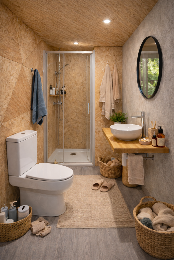 Baño interior de domo geodésico, con acabado en madera natural.