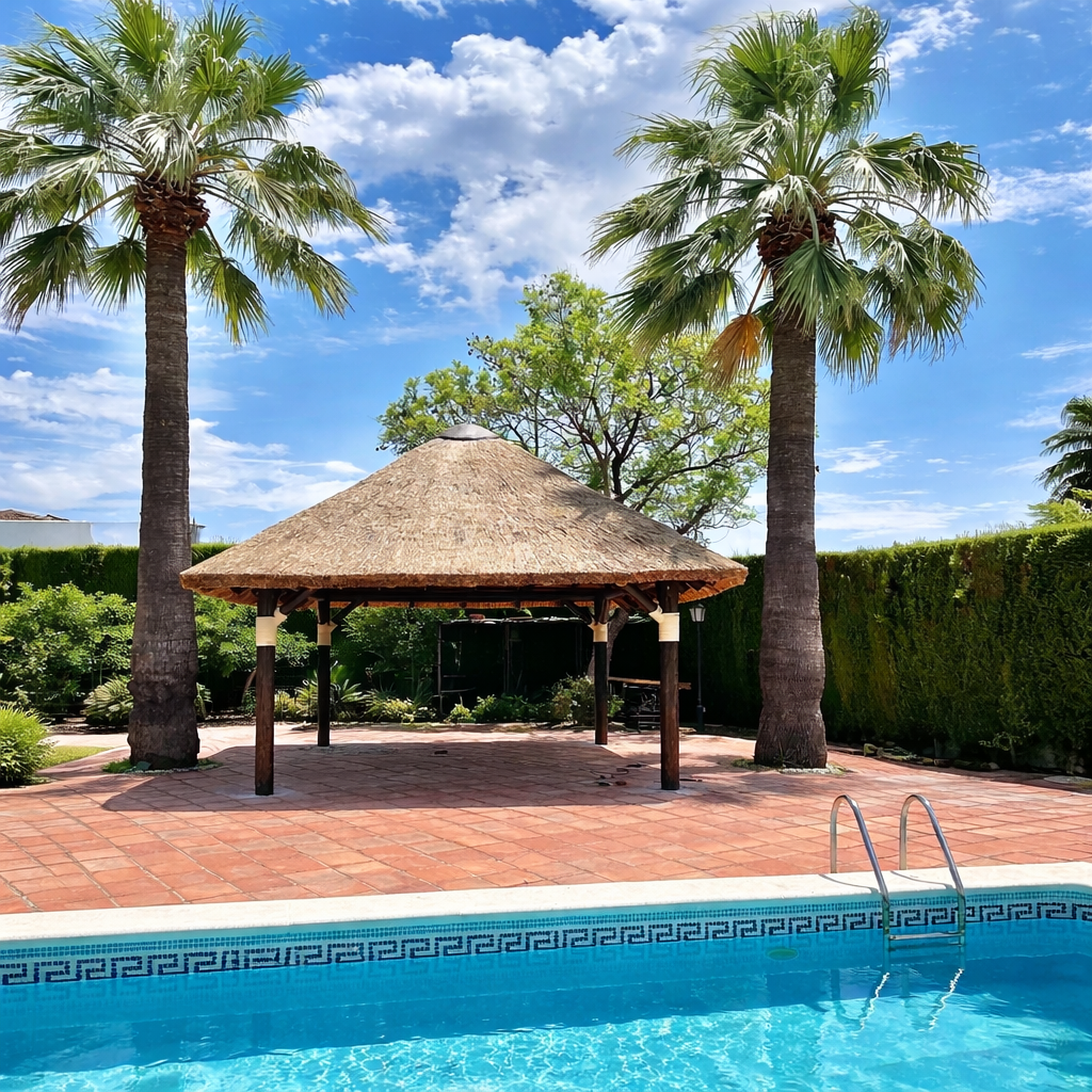 Pérgola de rollizo co cubierta vegetal de junco africano junto a piscina, diseño a medida en jardín residencial