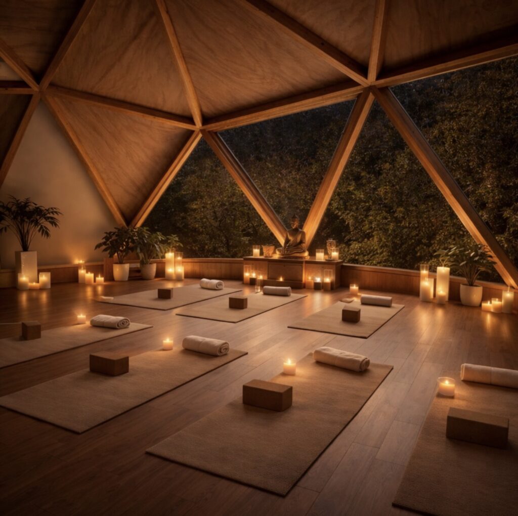 Interior de un domo geodésico de madera con espacio de yoga.