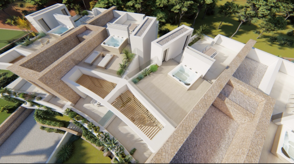Render de las terrazas de viviendas en La Manga Club. Murcia. GEOFEN.