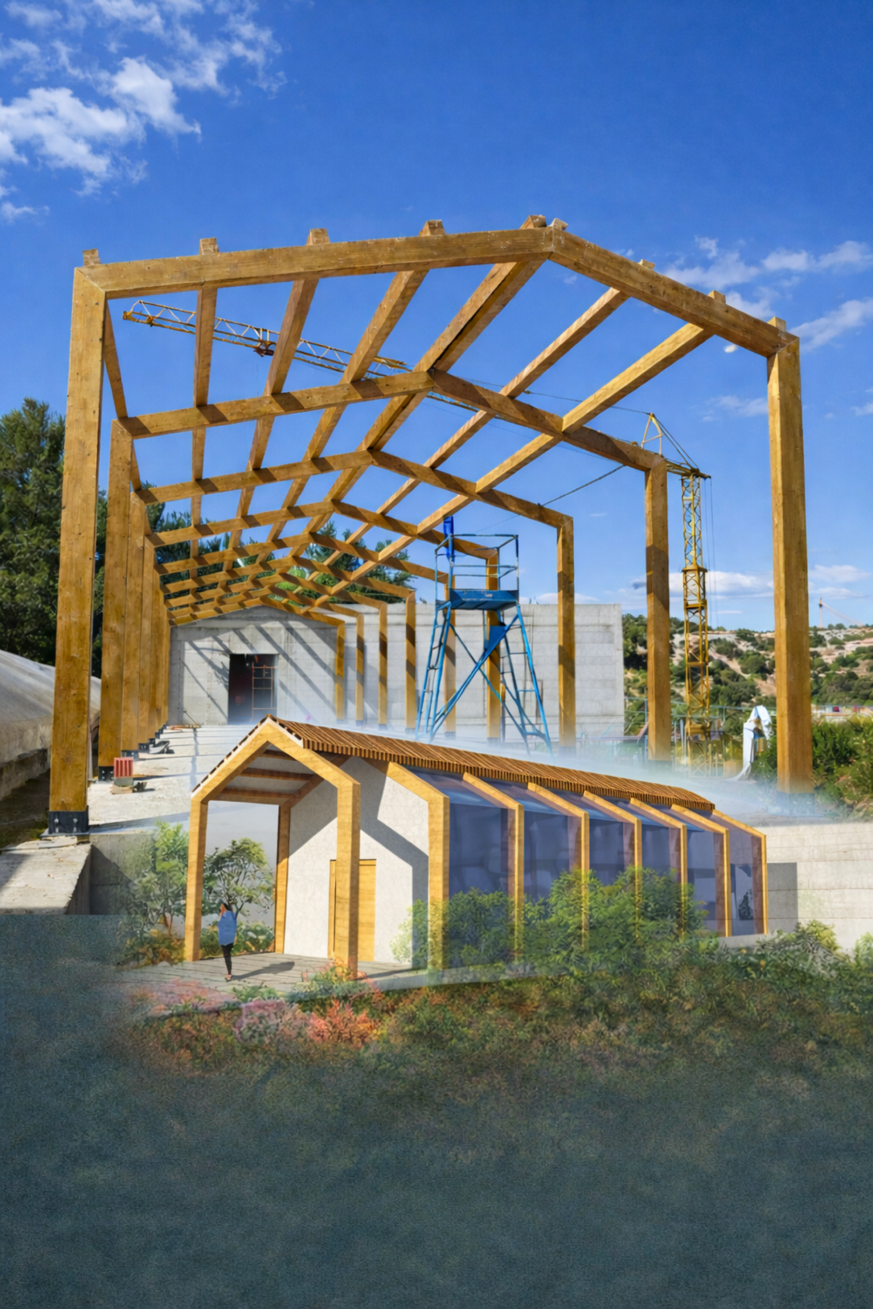 Estructura de madera en ejecución, junto al render del pabellón terminado en Priego de Córdoba, mostrando el proceso constructivo y el resultado final con cerramientos acristalados. GEOFEN.