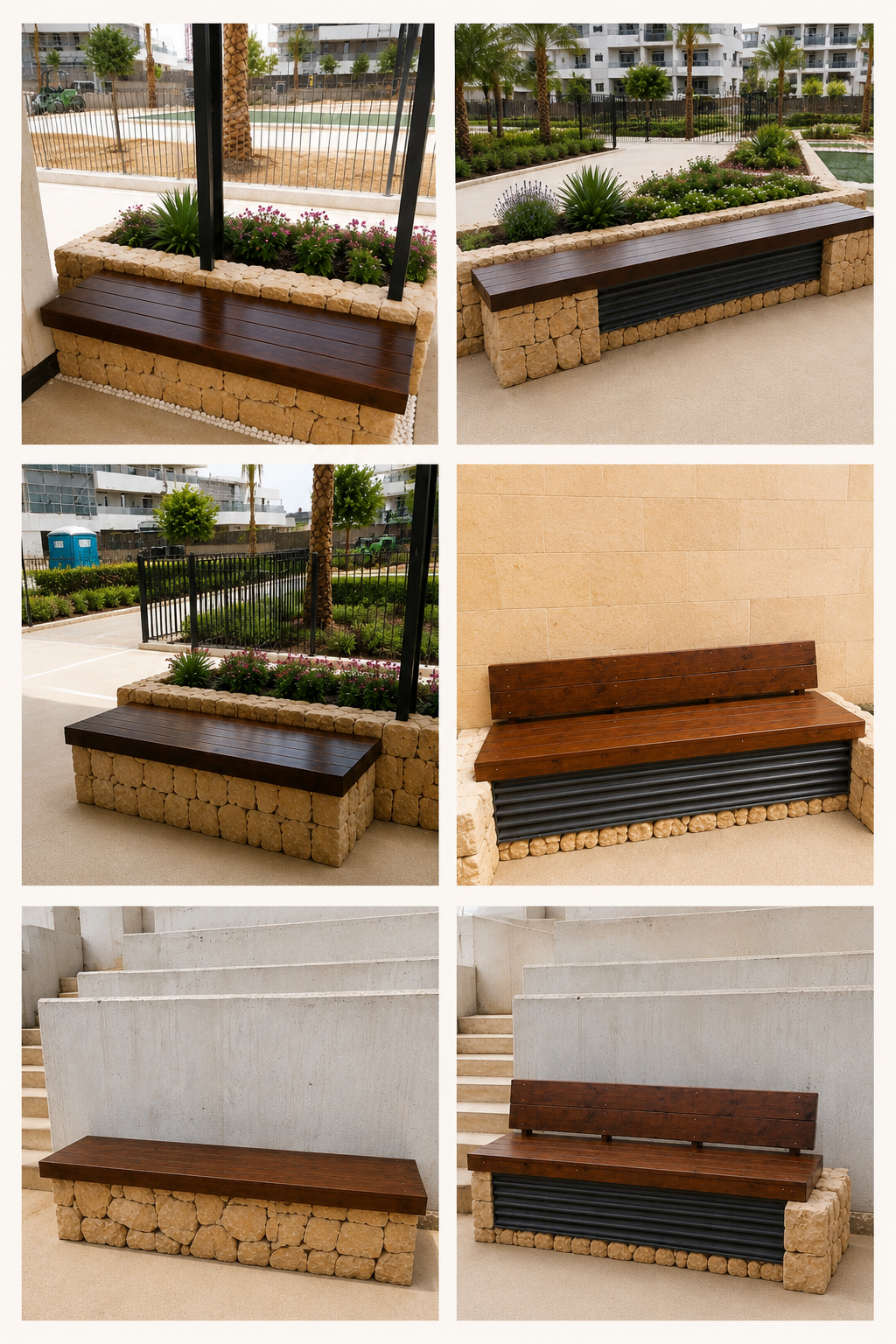 Bancos de piedra, con tablones de madera. Realizados por GEOFEN, Villajoyosa. Alicante.