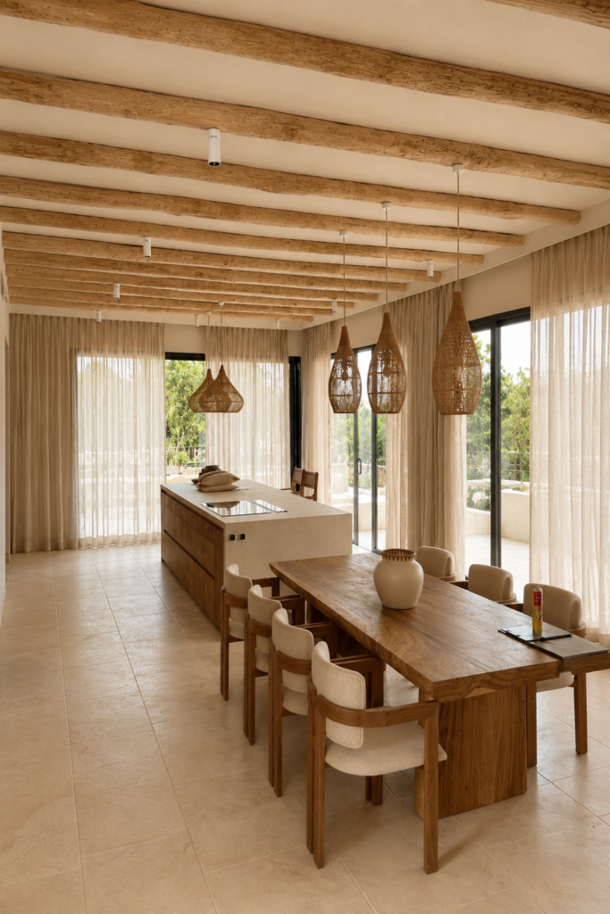 Villa de lujo en Bahía Marbella con techos de bambú natural y revestimientos exteriores de palo de castaño mecanizados por GEOFEN. Proyecto de carpintería y arquitectura sostenible en madera en Marbella, Málaga.
