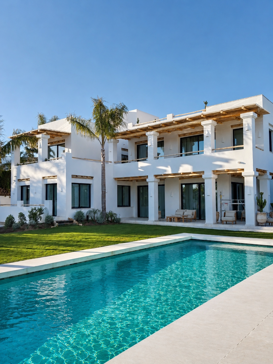 Pérgola de madera y detalles en ventanas y puertas fabricadas e instaladas por GEOFEN SL en una villa de lujo con piscina en Bahía Marbella. Málaga. Spain