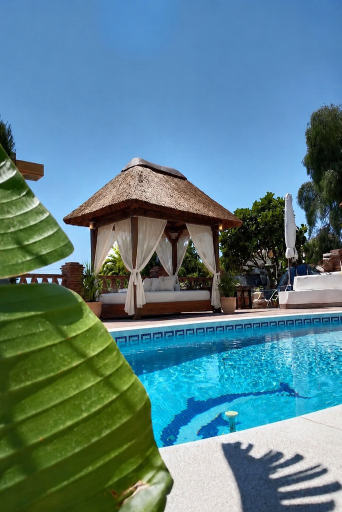 Pérgola de rollizo y junco africano para cama balinesa construída completamente por GEOFEN. Mijas,Málaga.